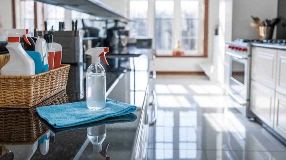 Cleaning supplies and a freshly cleaned kitchen counter